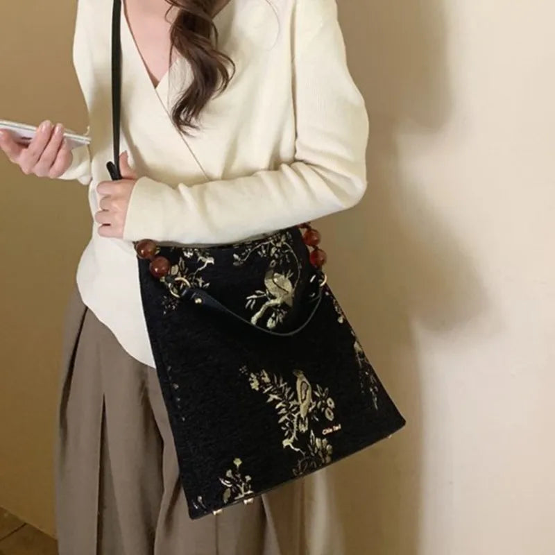 Vintage Landscape Embroidery Black Handbag