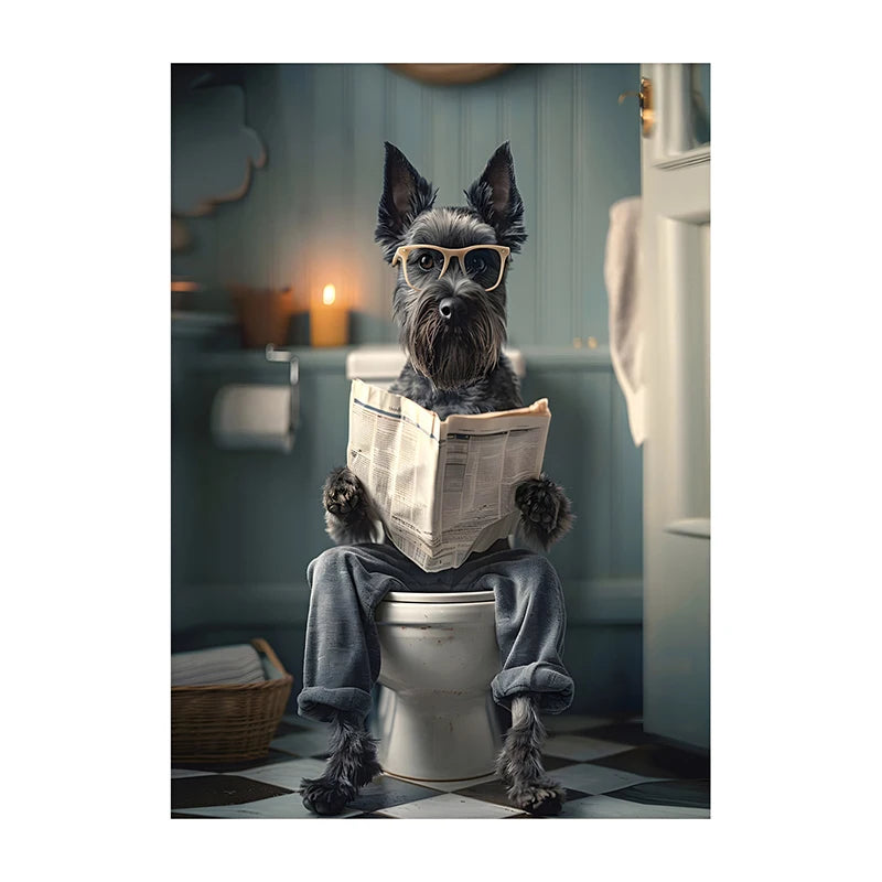 Funny Dog Bathroom Poster – Dog Reading Newspaper on Toilet Wall Art
