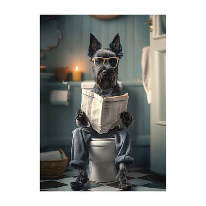 Funny Dog Bathroom Poster – Dog Reading Newspaper on Toilet Wall Art