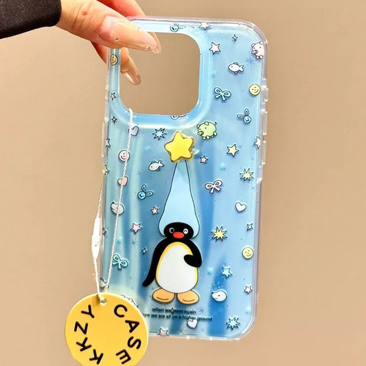 3D Star Penguin Samsung Galaxy Case – Blue Glitter Kawaii Cover