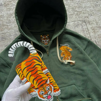 Tiger Embroidered Double Zip Hoodie – Unisex Y2K Streetwear
