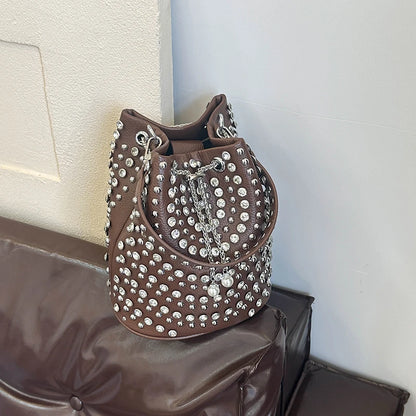 Studded Bucket Bag with Pearl Charm Drawstring Punk Rock Leather Shoulder Bag