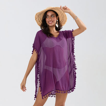 Tassel Trim Beach Cover-Up Dress – Sheer Swimsuit Coverup