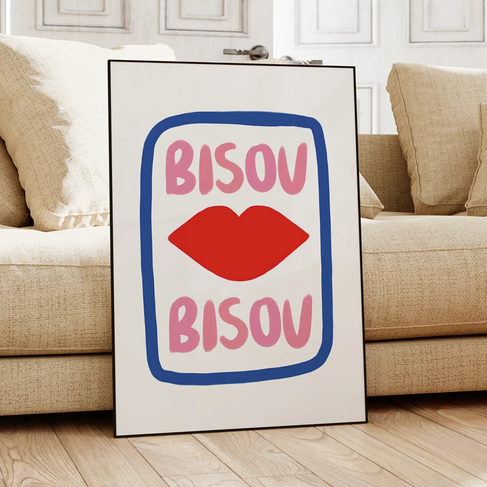 Bisou Bisou French Quote Wall Art Poster – Pink & Blue Maximalist Print
