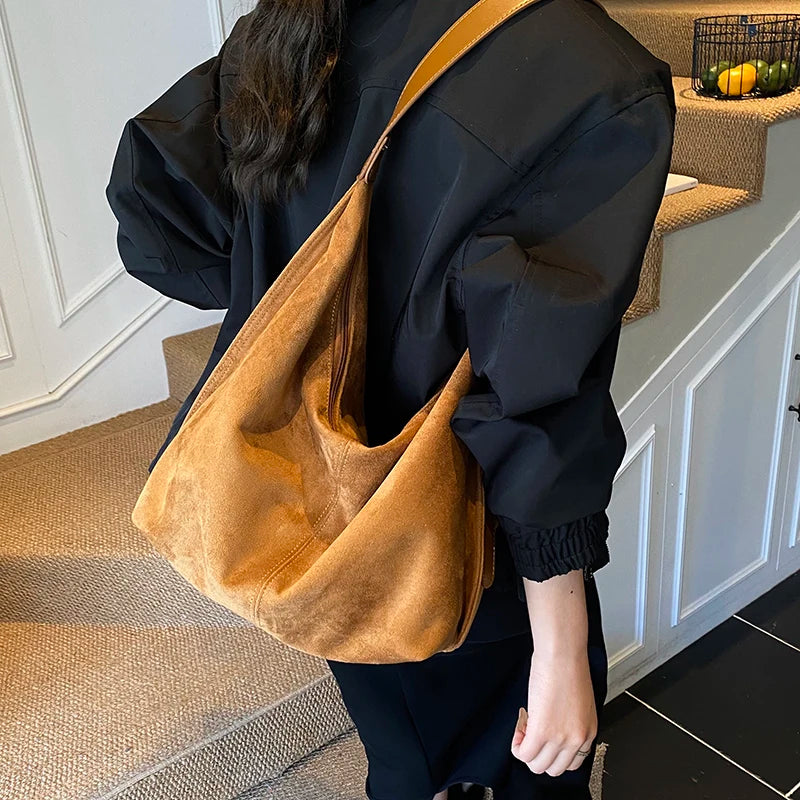 Women PU Suede Shoulder Bag Winter Retro Soft Hobo Bag