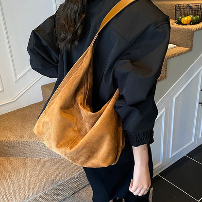 Women PU Suede Shoulder Bag Winter Retro Soft Hobo Bag