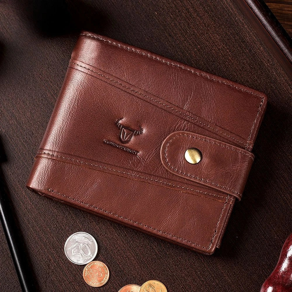 Men's Genuine Cowhide Leather Bifold Wallet with Snap Closure