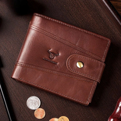 Men's Genuine Cowhide Leather Bifold Wallet with Snap Closure