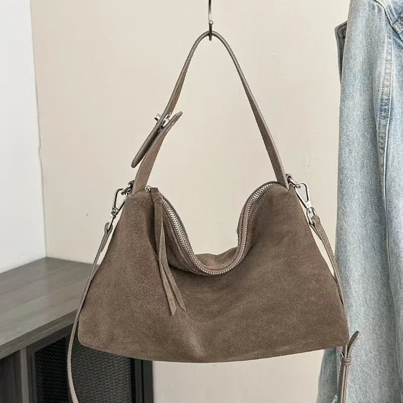 Women's Soft Matte Suede Cowhide Leather Shoulder Bag