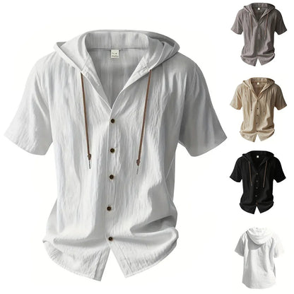Men's Cotton Linen Hooded Shirt – Short Sleeve Button-Up with Drawstring