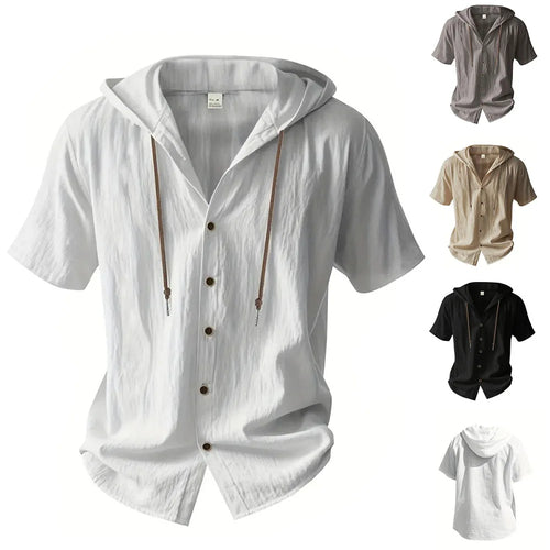 Men's Cotton Linen Hooded Shirt – Short Sleeve Button-Up with Drawstring