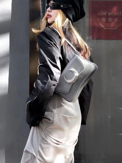 Y2K Silver Half-Moon Handbag – Women's Chain Shoulder Bag