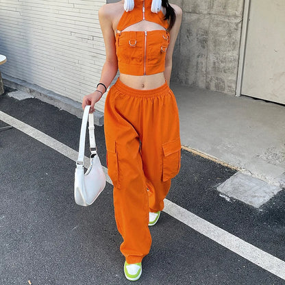 Women's Baggy Cargo Pants – Orange Straight-Leg Trousers