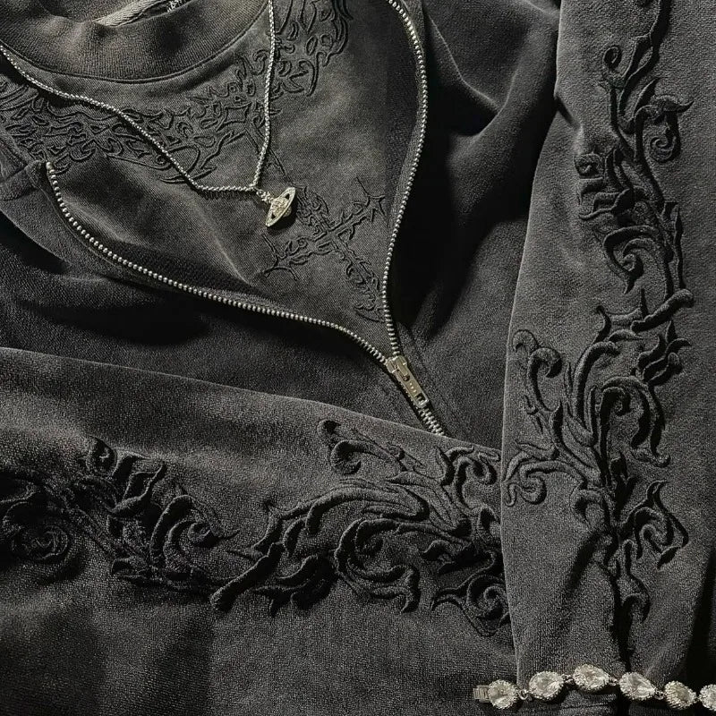 Vine Embroidered Zip-Up Hoodie – Unisex Gothic Streetwear Sweatshirt