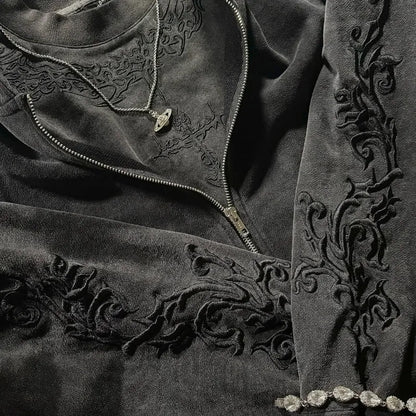 Vine Embroidered Zip-Up Hoodie – Unisex Gothic Streetwear Sweatshirt