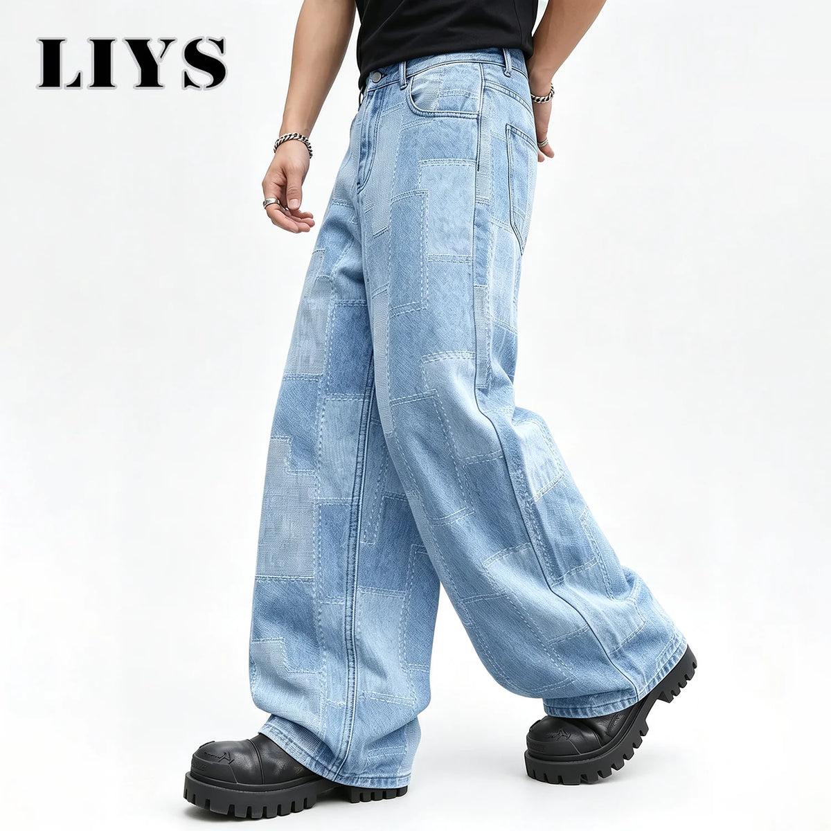 Patchwork Grid Baggy Wide-Leg Jeans – Men's Retro Streetwear Denim