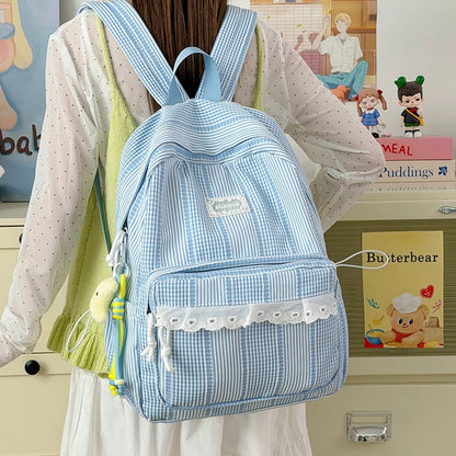 Sweet Style Girls Backpack – Cute Striped School Bag with Doll Charm