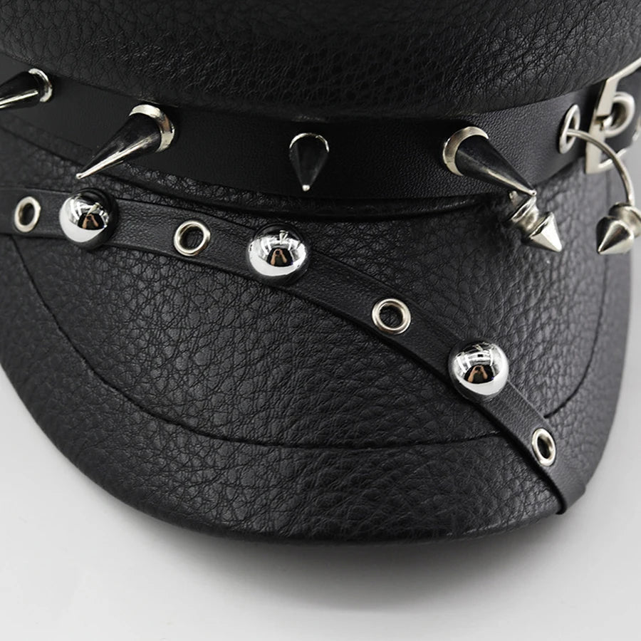 Women's Black PU Leather Military Cap with Spike Rivets