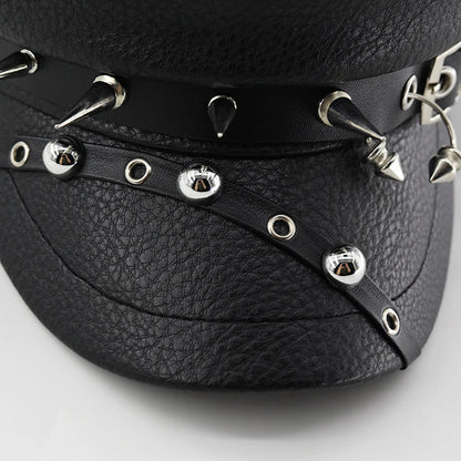 Women's Black PU Leather Military Cap with Spike Rivets
