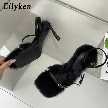 Fuzzy Fur Heeled Sandals for Women – Buckle Strap Square Toe