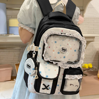 Cute Print Girls Backpack with Lace Decor – Large Capacity School Bag