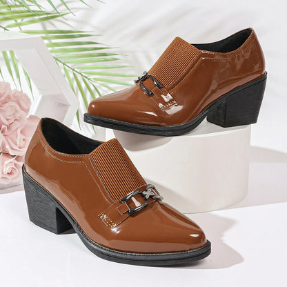 Women's Pointed Toe Block Heel Shoes – British Style Patent Leather