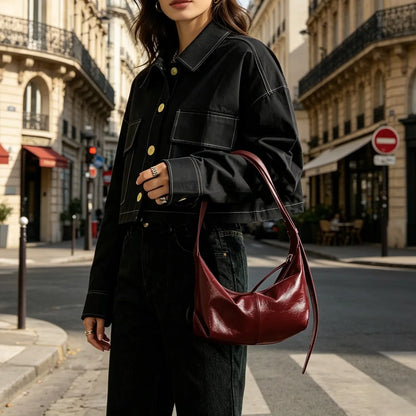 Burgundy Genuine Cowhide Leather Underarm Bag