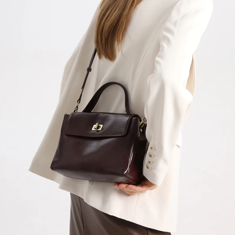 Genuine Leather Top Handle Crossbody Bag for Women Vintage Oil Wax Leather