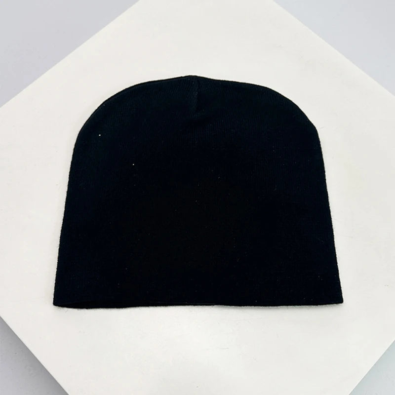 Skull Print Knit Beanie – Color Block Warm Winter Hat Punk Style