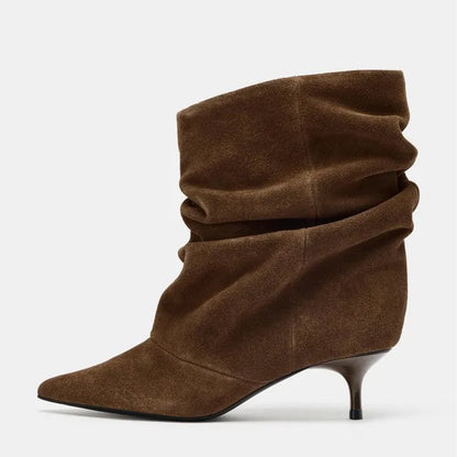Pleated Suede Ankle Boots Women Pointed Toe Kitten Heel