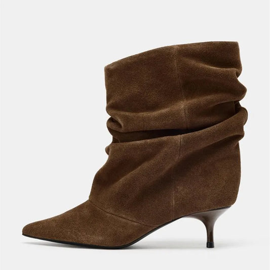 Pleated Suede Ankle Boots Women Pointed Toe Kitten Heel