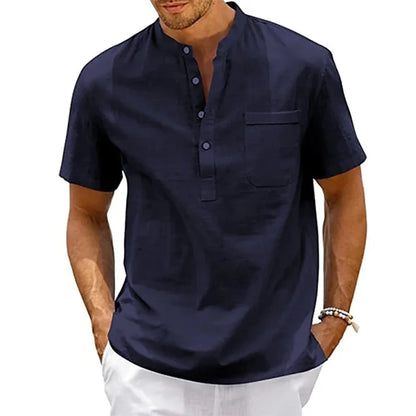 Men's Cotton Linen Henley Shirt – Short Sleeve Beach Top with Pocket