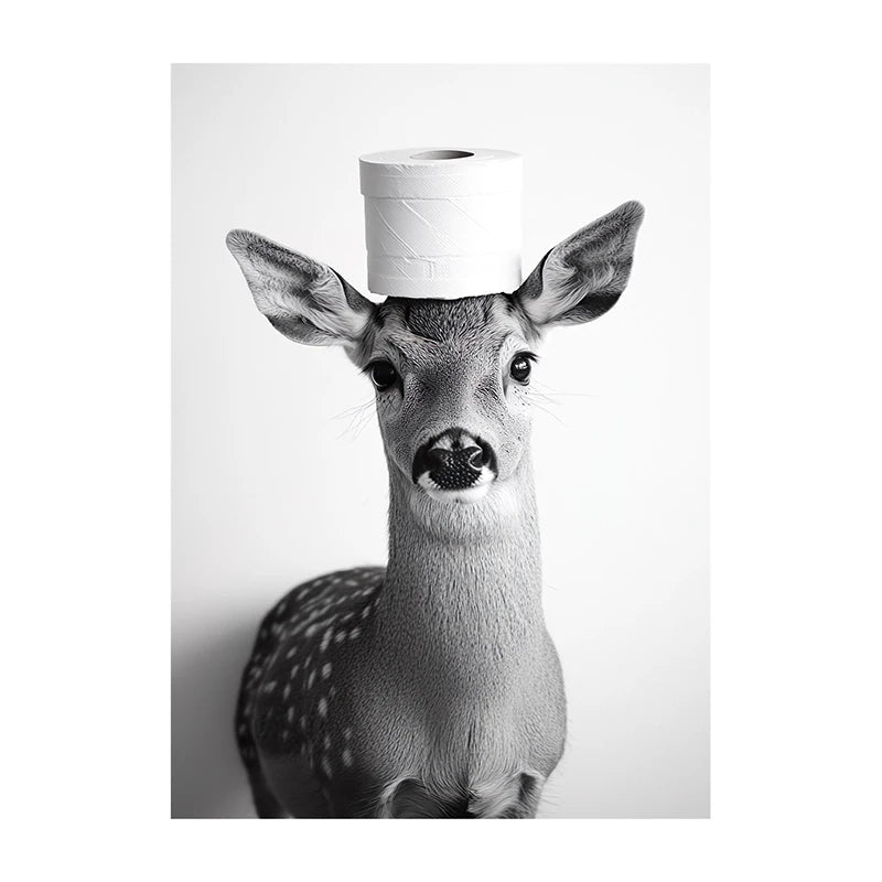 Funny Bathroom Wall Art Poster – Black & White Animal Toilet Paper Print