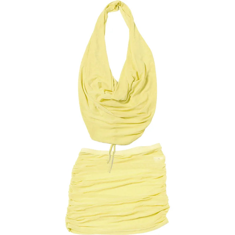 Backless Halter Mesh Mini Dress Women Cowl Neck Bodycon Tank Top