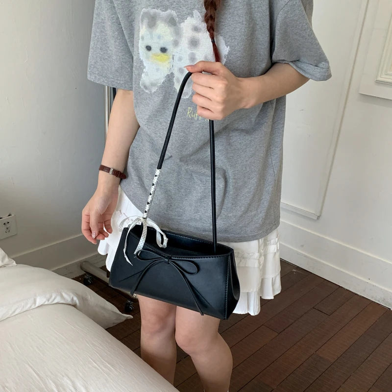 Women's Small PU Leather Shoulder Bag with Bow Detail
