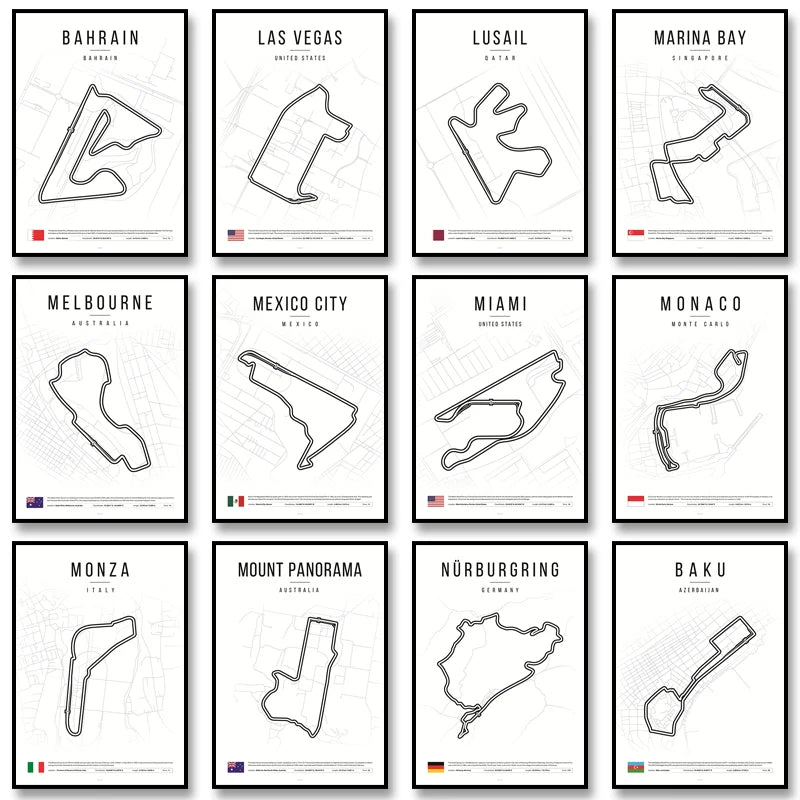 F1 Race Track Map Poster – Formula 1 Circuit Wall Art Print