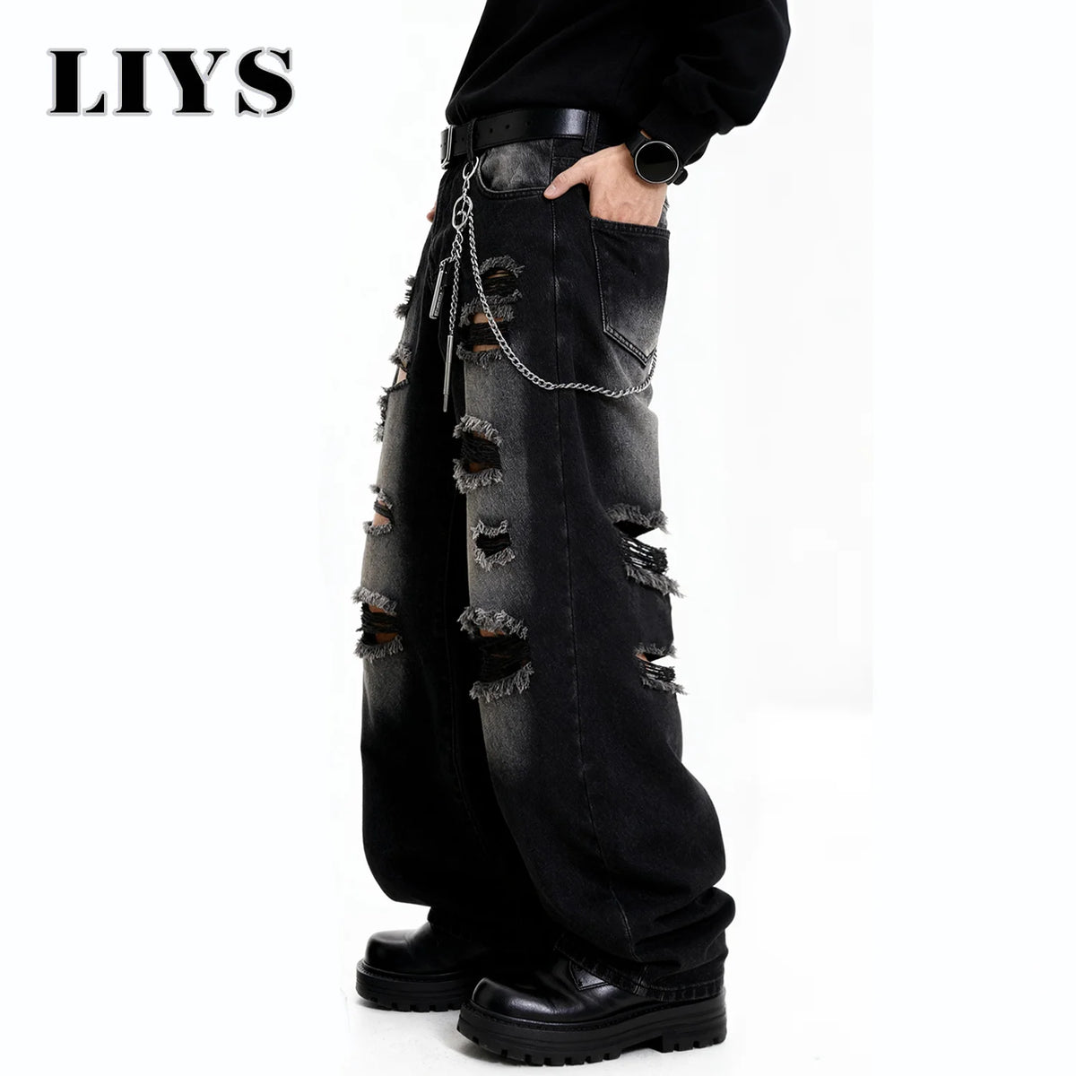 Baggy Ripped Jeans Unisex Gothic Wide Leg Distressed Denim Pants Streetwear