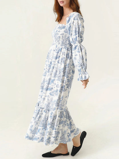 Puff Sleeve Smocked Midi Dress – Square Neck Flowy Casual Dress