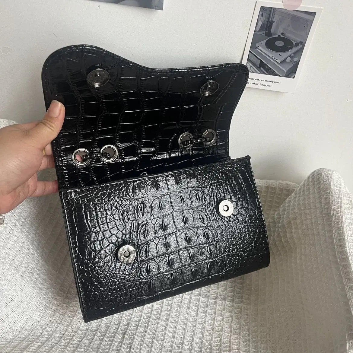 Vintage Black Gothic Underarm Bag Women Cross Faux Crocodile