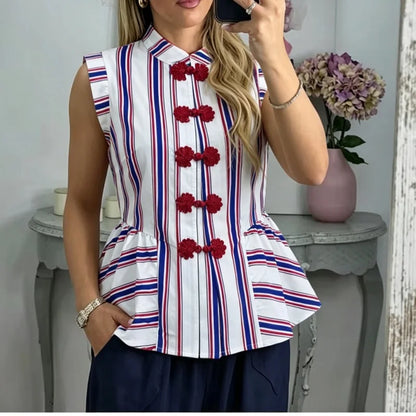 Frog Button Stand Collar Striped Crop Top – Y2K Women's Peplum Blouse