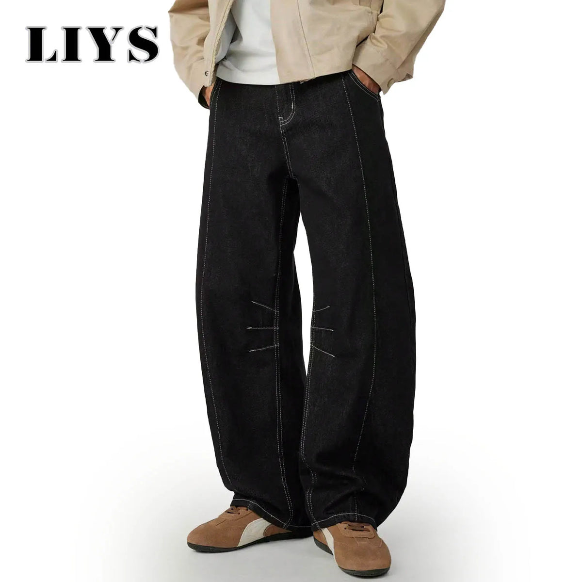 Contrast Stitch Baggy Wide Leg Black Jeans – Deconstructed Streetwear Denim