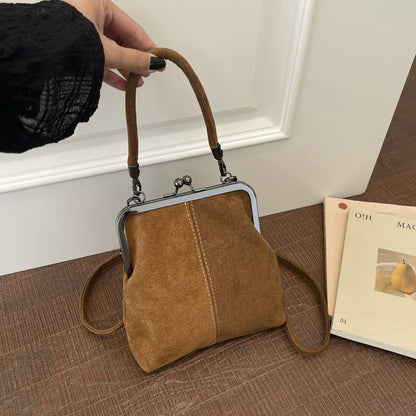 Large Capacity Retro Frosted Handbag Kiss Lock PU Leather