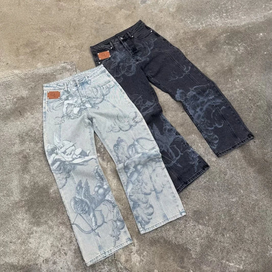 Angel Print Baggy Jeans – Y2K Cupid Graphic Streetwear Denim
