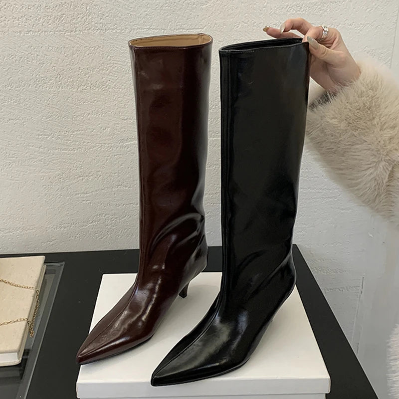 Women's Pointed Toe Kitten Heel Knee-High Boots