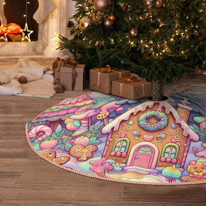 Christmas Tree Skirt – Gingerbread House Rainbow Candy Design