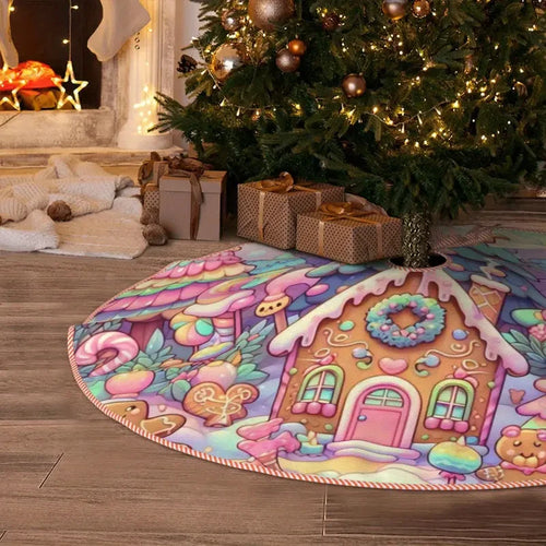 Christmas Tree Skirt – Gingerbread House Rainbow Candy Design