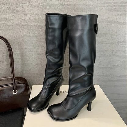 Women's Knee-High Heeled Boots – Round Toe Stiletto Long Boots
