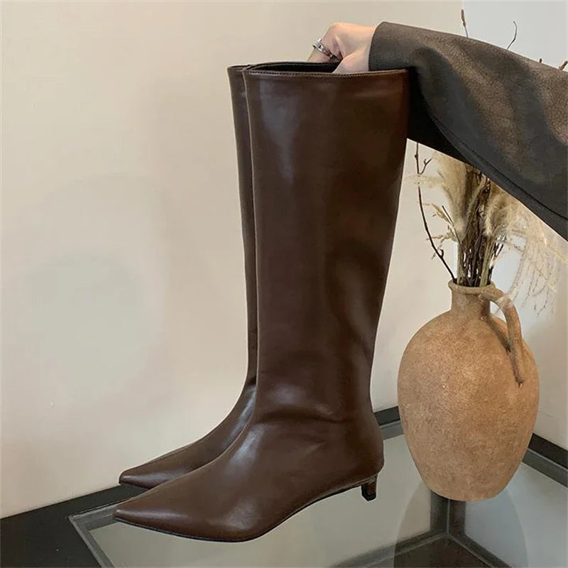 Women's Knee-High Boots – Pointed Toe Slim Low Heel