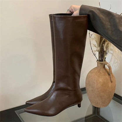 Women's Knee-High Boots – Pointed Toe Slim Low Heel