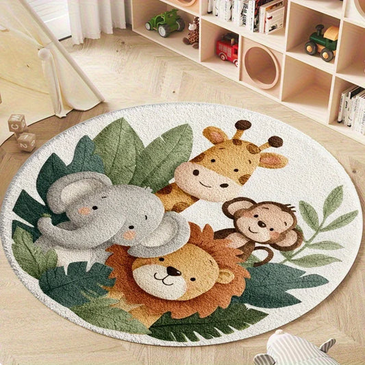 Cartoon Jungle Animal Round Rug – Non-Slip Soft Kids Play Mat
